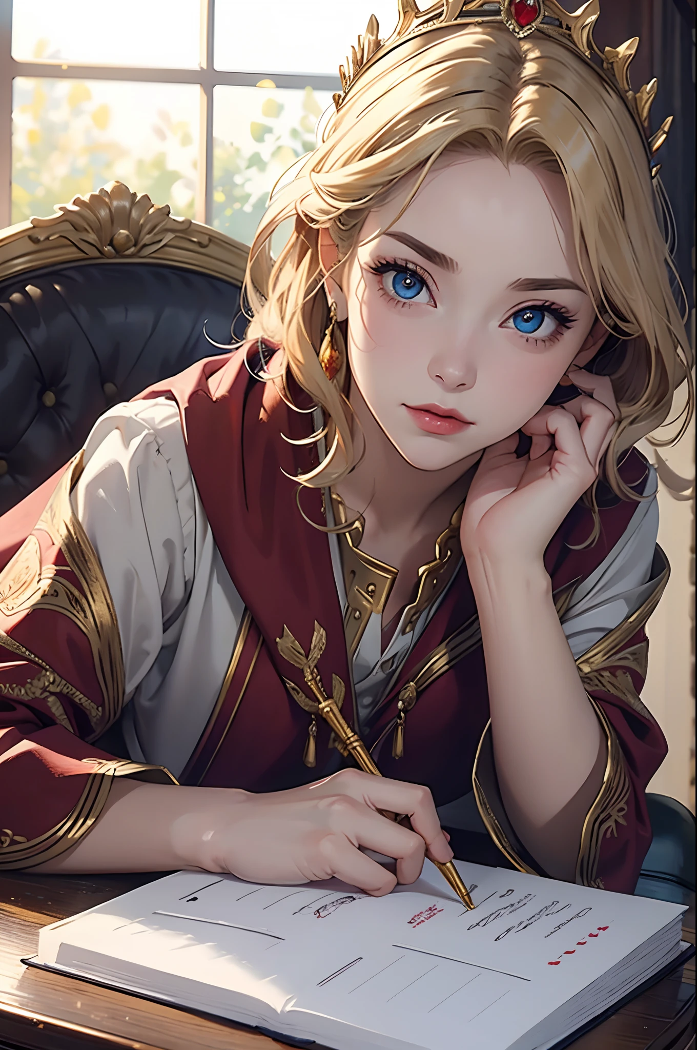 (Masterpiece: 1.2, Best quality), Realistic, (Realistic picture, Complex details, Depth of field), Best quality, Masterpiece, Highly detailed, Half realistic, 1 girl, Mature female, 21 years old, with short golden hair, The left eye is covered with hair, Blue eyes, The king's clothes, Red cloak, Slim figure, A crown made of precious gold, Read and mark up documents, quill, office desk, Soft bench，04