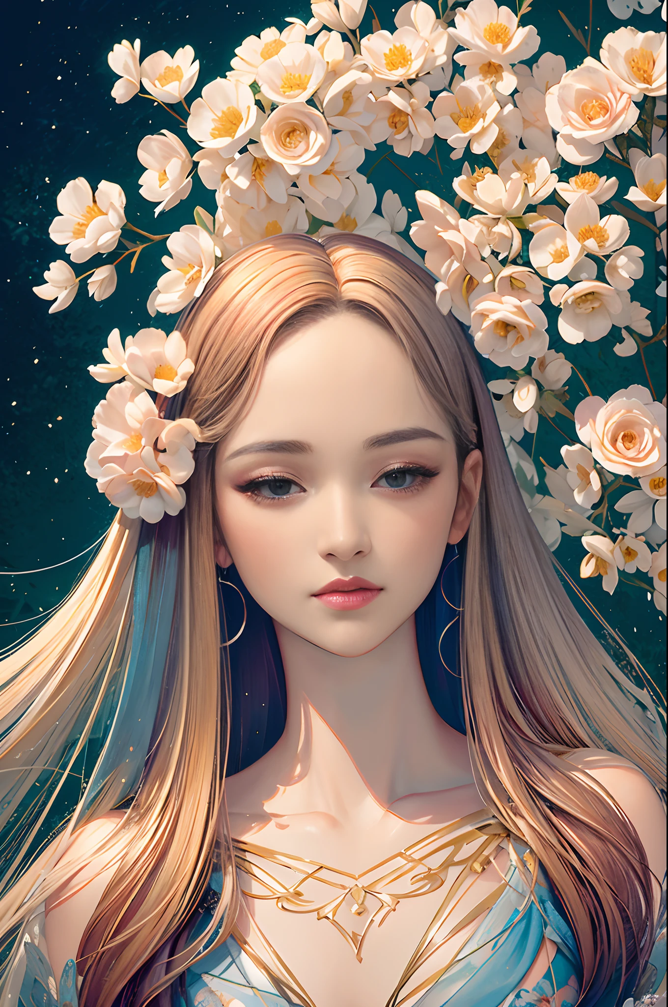 Ultra-high resolution (8K, Best quality), Highly detailed, Masterpiece:1.2, Amazing image of a beautiful woman, Delicate facial features, mesmerizing eyes, Mesmerizing lips, Flowing hair, An ethereal game of light and shadow, vivid vivid colors, Intricate floral elements, Seamless integration of fractal art, Rich and varied textures, Dreamlike atmosphere, Harmonious composition, dynamicposes, graceful movements, Lovely garden setting, Captivating perspective, magical ambiance, Surreal and engaging visual storytelling, Finely crafted brushstrokes, Meticulous attention to detail, Immersive、Lifelike depiction, Out of this world、Awesome artistic expression.