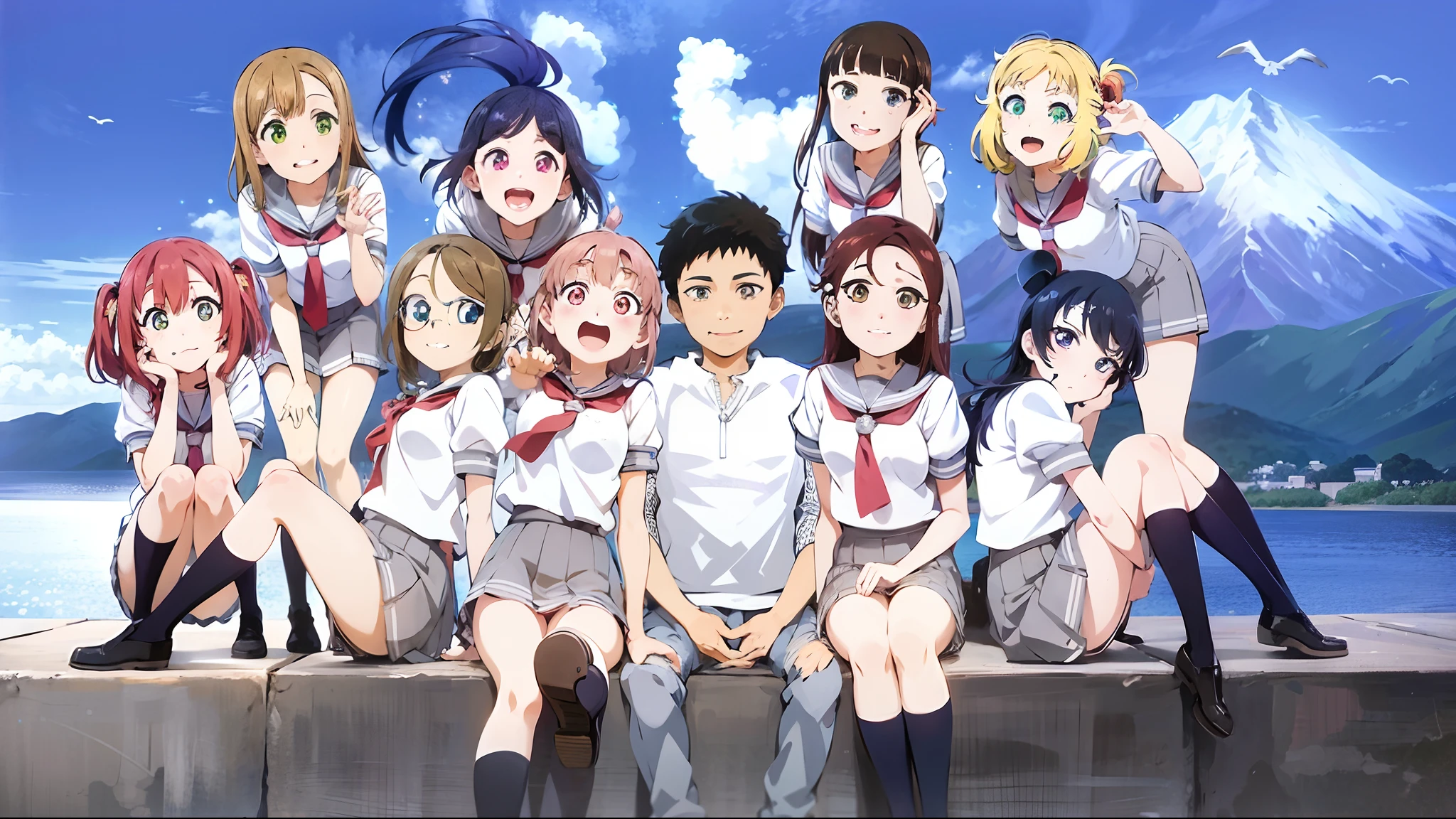 anime girls sitting on a ledge with a mountain in the background, official studio anime still, anime key visual”, official anime still, ( ( ( anime ) ) ), evangelionic illustration, sankakucomplex anime image, anime key visual, shirobako, anime background key visual, cel shaded anime, anime still, anime!!!! key visual, 2 0 1 9 anime