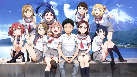 anime girls sitting on a ledge with a mountain in the background, official studio anime still, anime key visual”, official anime...