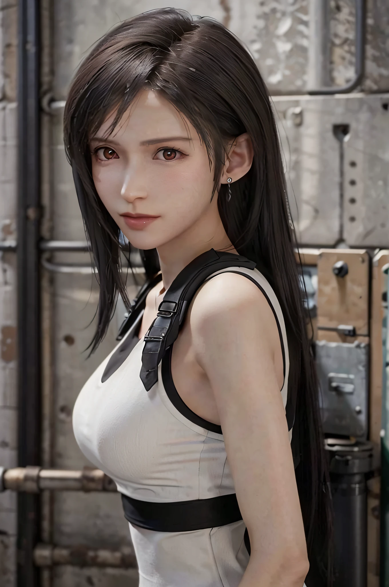 (​masterpiece), (Top image quality), 8K resolution, Ultra-detail, Ultra-detail, Realism, (1girl in), Tifa, Final Fantasy, Tifa lockhart, rays of sunshine, cinematic, Cool Pose, Concrete walls,metal pipes,The description of Red Eye App,Detailed double eyelids,short-hair、Dark brown color,Slender,Model body type,no-makeup、Bust Bcups