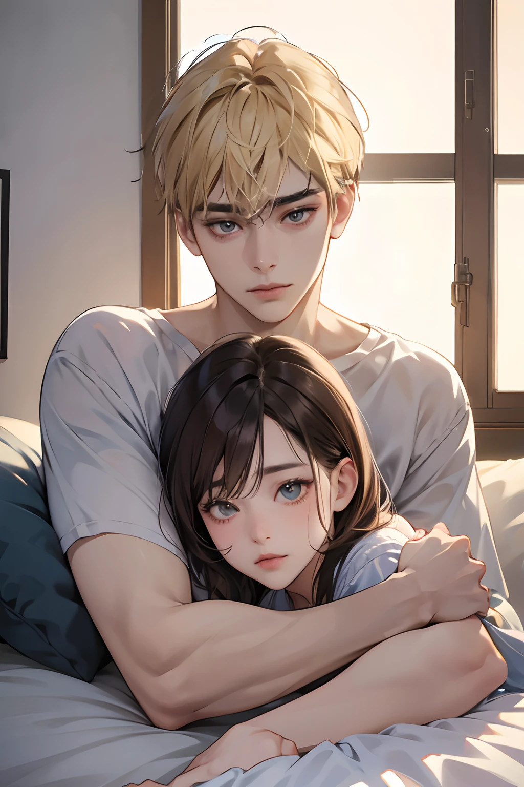 Anime couple hugging on bed with window in background - SeaArt AI