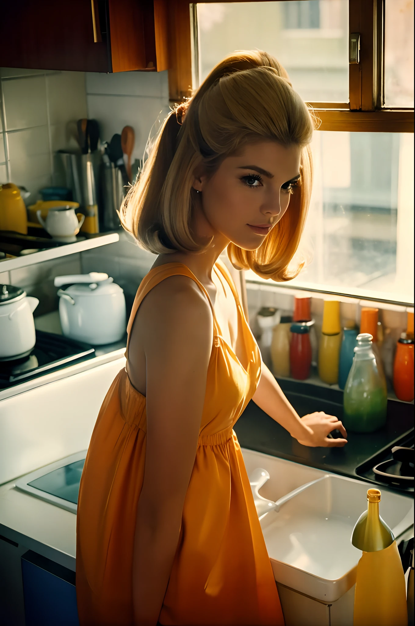 Снимок с низкого угла, спортивная медовая блондинка, в винтажном платье 1960-х годов, ШестидесятыеВысокая мода, Прическа 1960-х годов, средняя грудь, не подвергается воздействию, в кухне, кастрюли с едой на плите в солнечном свете ((кухня 1960-х годов)), отводя взгляд от зрителя, красивый вид из окон, 8k чувственное освещение, теплое освещение, 4k чрезвычайно фотореалистичен, cgsociety uhd 4k с высокой детализацией, в тренде на cgstation