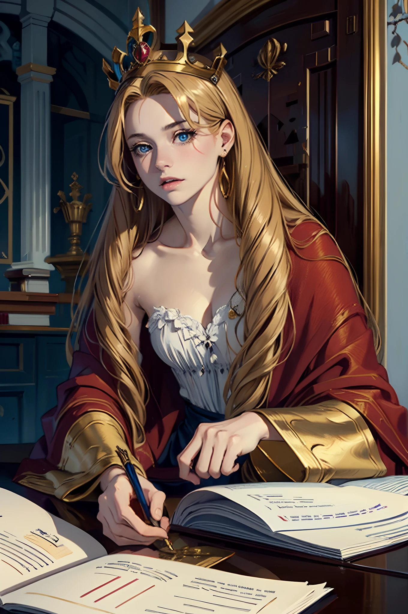 (Masterpiece: 1.2, Best quality), Realistic, (Realistic picture, Complex details, Depth of field), Best quality, Masterpiece, Highly detailed, Half realistic, 1 girl, Mature female, 21 years old, with short golden hair, The left eye is covered with hair, Blue eyes, The king's clothes, Red cloak, Slim figure, A crown made of precious gold, Read and mark up documents, quill, Office desk, Soft bench，04