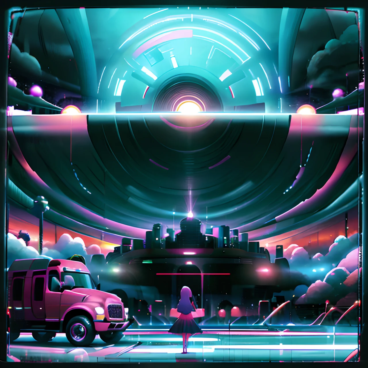 a surreal album cover featuring a vibrant, candy-colored landscape with elements representing both Nicki Minaj’s bold and energetic style, and Melanie Martinez’s whimsical and dark aesthetic? Picture a mix of vibrant wigs, oversized toys, and a surreal cityscape in the background. No faces no people photorealistic