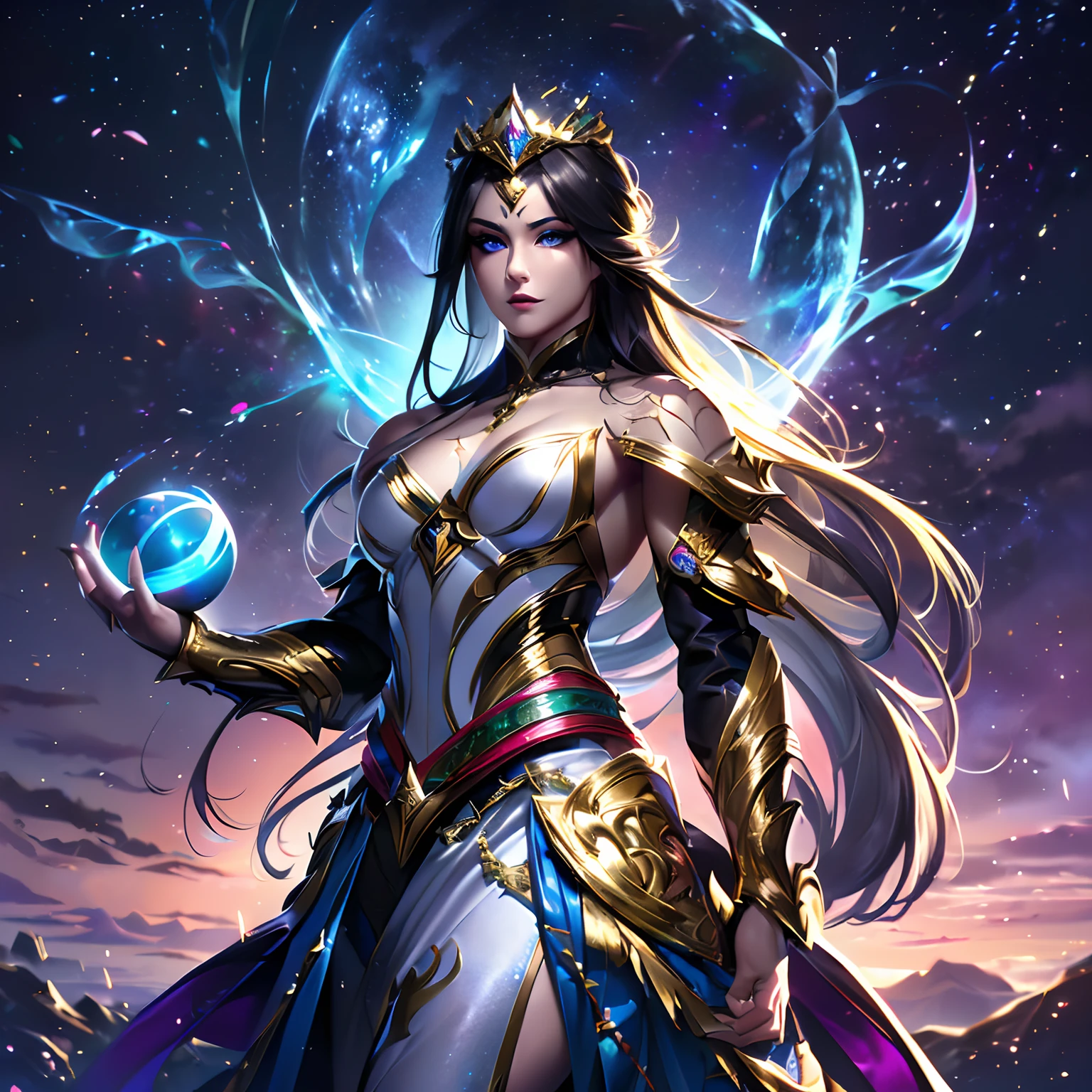 (Realistic, masterpiece, ethereal, cosmic, prism colors background, vivid light, refracting light, surreal aesthetic, cinematic lighting), (1female, Asian milf, armor lingerie, ornate surreal tiara, harajuku makeup, beautiful face, black armor with gold accents, heavy chest plate, heavy shoulder plates, halter neck guard, abdomen showing, cleavage showing, shoulder showing, intense eyes, dark eye makeup with cat eye, perfect eyes, gray eyes, shiny hair, confident stance, arched back, strong physique, toned abs showing, 8 pack abs, small tattoos, sternum tattoo, long messy layered hair, platinum color hair), (facing viewer, action shot, back arched, wind blown)