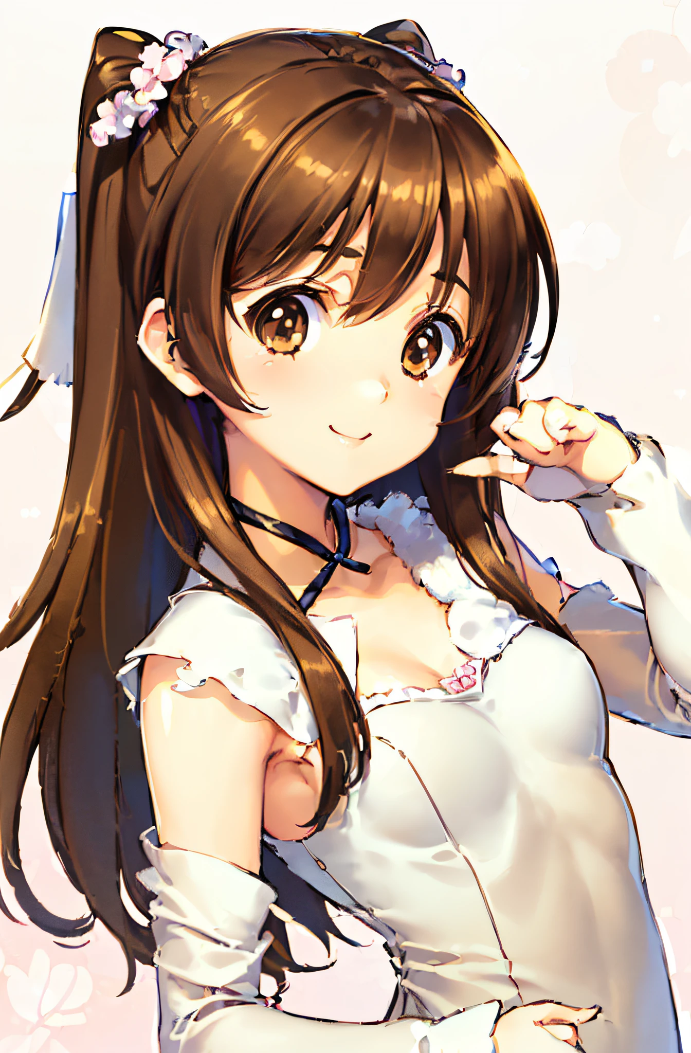 Anime girl with long brown hair and white dress holding a cell phone -  SeaArt AI