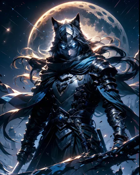 blue samurai, ghost, walking with a wolfin a haunted village, night sky, full moon, realistic, full hd, best quality