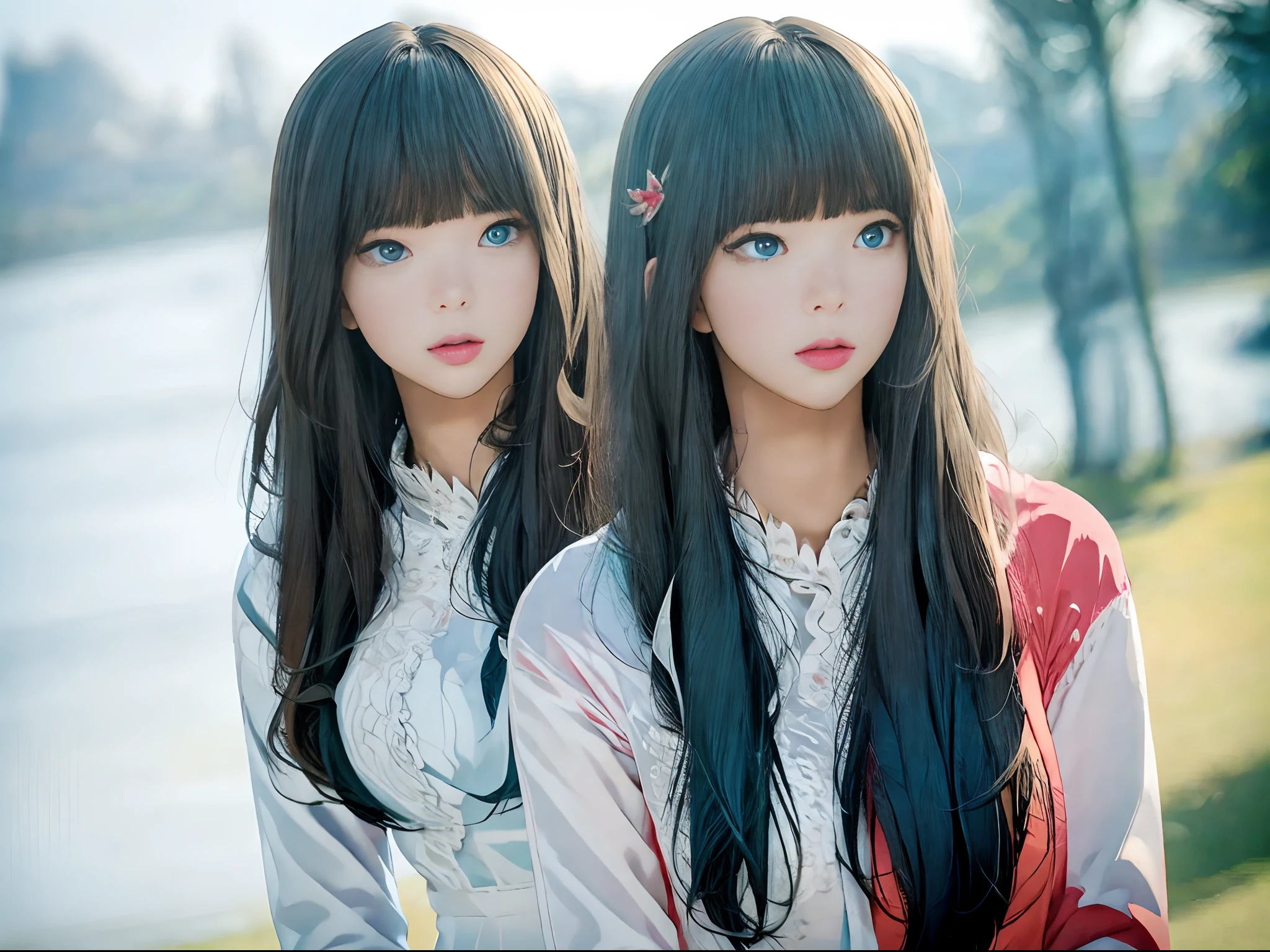 (masterpiece), realistic, beautiful face, sunlight, cinematic light, bangs, 2 beautiful sisters, full body, from above and side, BBQ, cook seafood , outdoor, school swimwear, lakeside, beautiful eyes, silver hair, perfect anatomy, very cute, princess eyes , (blue eyes) , Centered image, bioluminescence, 8 life size,8k Resolution, human hands, elegant, approaching perfection, dynamic, highly detailed, character sheet, concept art, smooth, facing directly at the viewer positioned so that their body is symmetrical and balanced, stunningly beautiful teenage girl, detailed hairstyle, fractal art, god ray, 10yo, endured sadness expression, open mouth and stick out tongue, castle ruins, airplane and contrail, rainbow, winter,