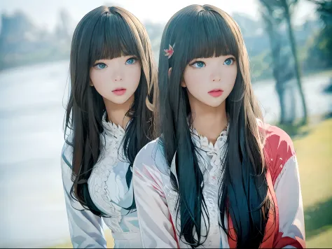 (masterpiece), realistic, beautiful face, sunlight, cinematic light, bangs, 2 beautiful sisters, full body, from above and side,...
