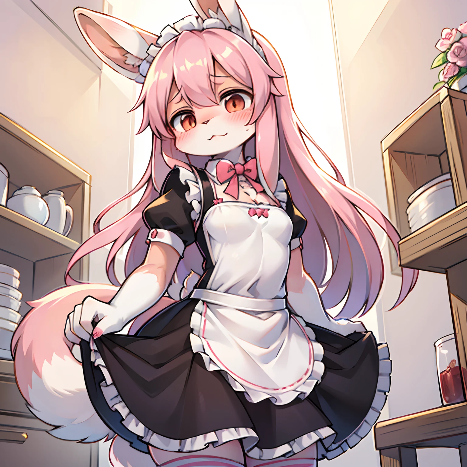 furry, furry woman, solo, full body, rabbit varieties holland lop, round tail rabbit, pink rabbit tail, pink rabbit ears, Rabbit with droopy ears, long hair, pink long hair, dressed in a maid outfit, black maid outfit, detailed, bow on neck white bow, open bottom, striped underwear, pink alternating with white stripes, Skirt pulled up, inside the house,sStanding posture, a blushing face, Make a face >⁠.⁠<, blushing,