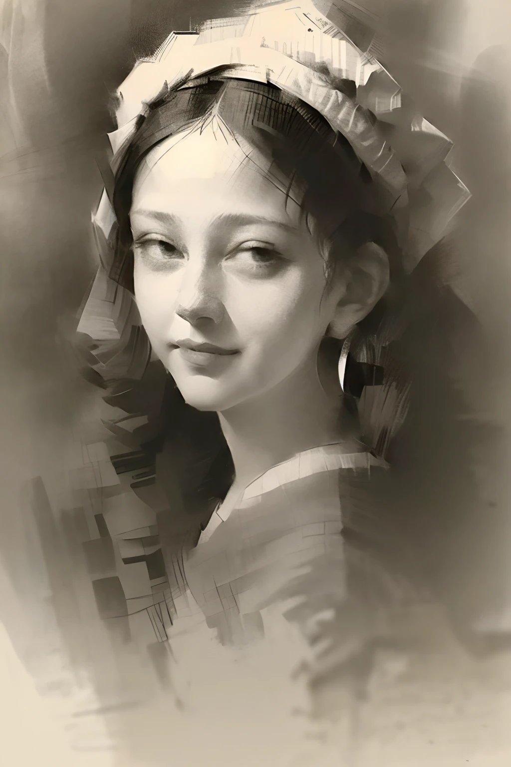 улыбка Моны Лизы，1 девушка，портрет головы，черное и белое
