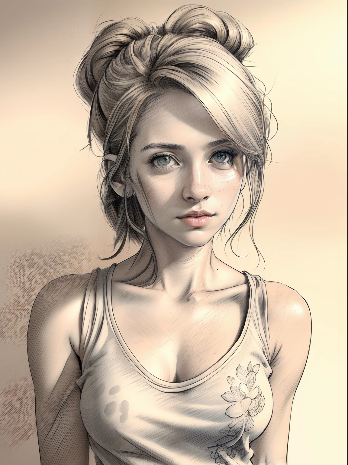 1girll,Portrait,Realistic,Bare shoulders,Bare side chest vest,(shirt, Naked shirt, shirt pulling),side-lighting,the wallpaper,The ultra-realistice,Masterpiece,Best quality,(Intricate details),A high resolution,photo-realistic:1.37,Dynamic Angle,Unity 8k wallpaper,cow boy shot,Moisturizes skin,vivd colour,,,,,Pencil sketch,,