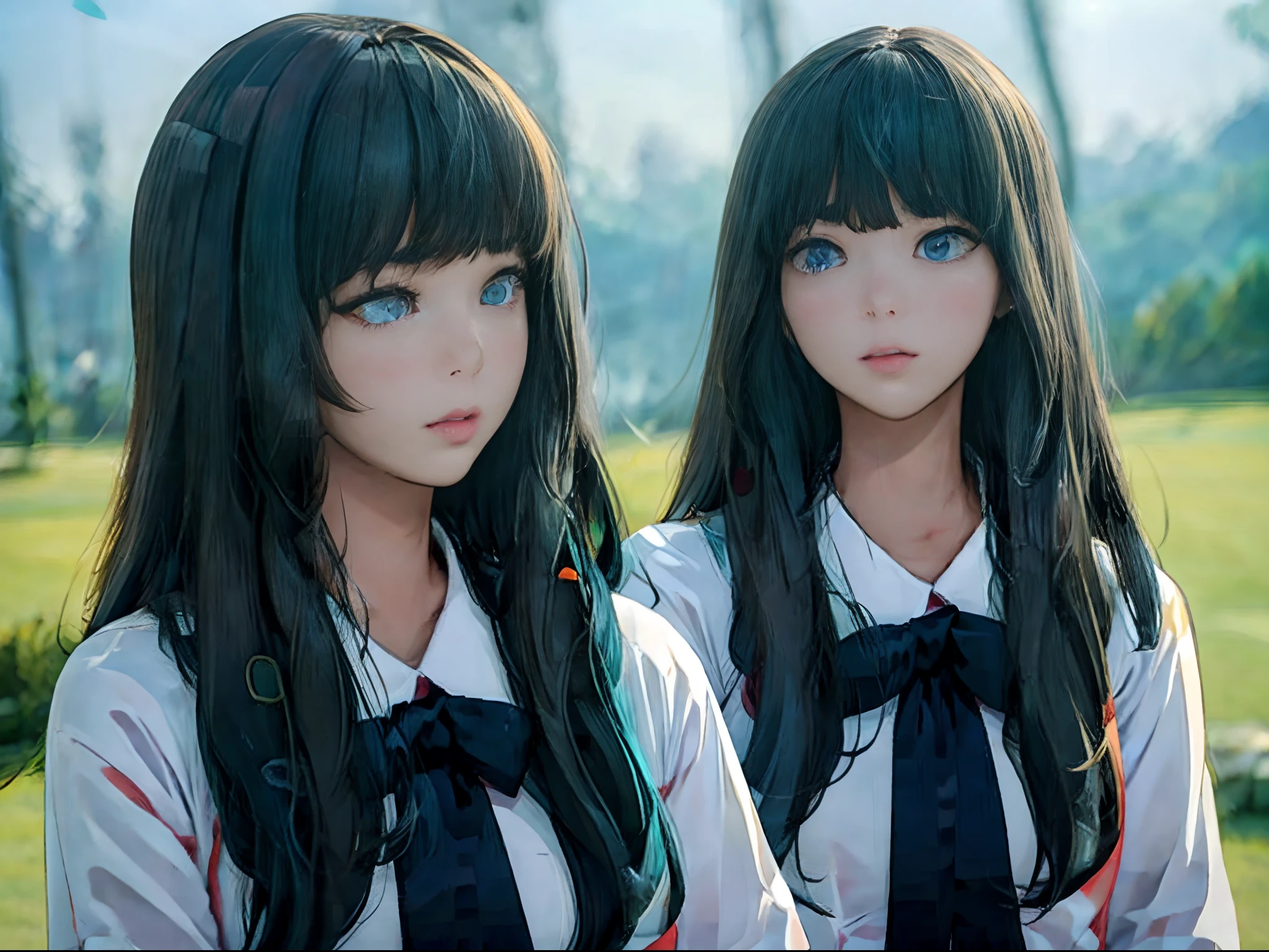 (masterpiece), realistic, beautiful face, sunlight, cinematic light, bangs, 2 beautiful sisters, full body, from above and side, BBQ, cook seafood , outdoor, school swimwear, lakeside, beautiful eyes, silver hair, perfect anatomy, very cute, princess eyes , (blue eyes) , Centered image, bioluminescence, 8 life size,8k Resolution, human hands, elegant, approaching perfection, dynamic, highly detailed, character sheet, concept art, smooth, facing directly at the viewer positioned so that their body is symmetrical and balanced, stunningly beautiful teenage girl, detailed hairstyle, fractal art, god ray, 10yo, endured sadness expression, open mouth and stick out tongue, castle ruins, airplane and contrail, rainbow, winter,