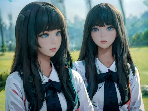 (masterpiece), realistic, beautiful face, sunlight, cinematic light, bangs, 2 beautiful sisters, full body, from above and side,...