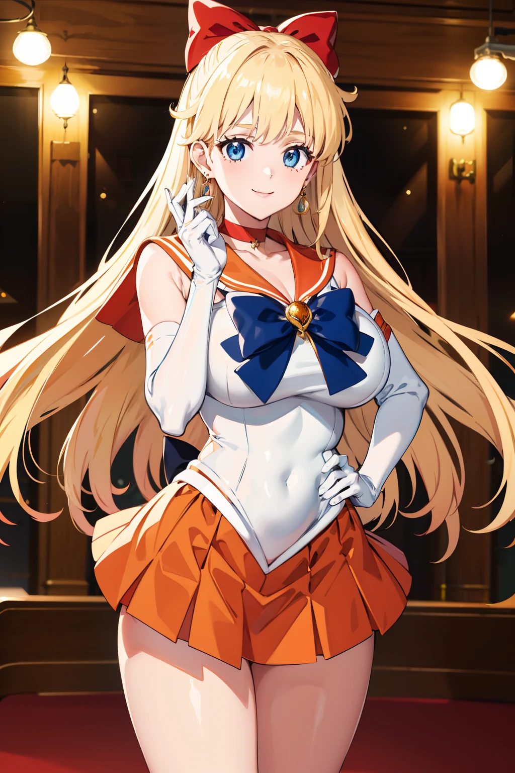 masterpiece, best quality, highres, venus1, 1girl, (huge breasts:1.2), solo, sailor senshi uniform, sailor venus, aino minako, blonde hair, magical girl, blue eyes, orange skirt, elbow gloves, tiara, pleated skirt, hair bow, orange sailor collar, miniskirt, choker, red bow, orange choker, white gloves, very long hair,  jewelry,  earrings, cowboy shot, smile