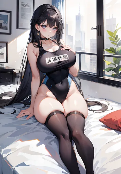 ​masterpiece、爆乳、Curve,Beautiful black hair long girl,Full body,School Swimsuit、on the beds,steams、Shyness、thighhigh,elbow groves、