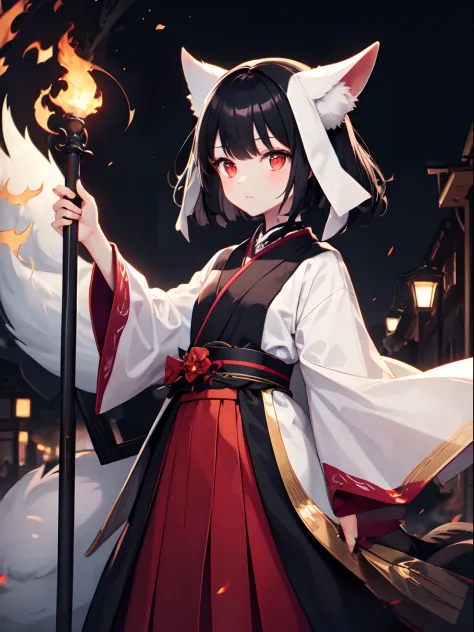 Small kitsune girl with black hair, red glowing eyes, sleeves past fingers, elegant and dignified look, night parade of a hundre...