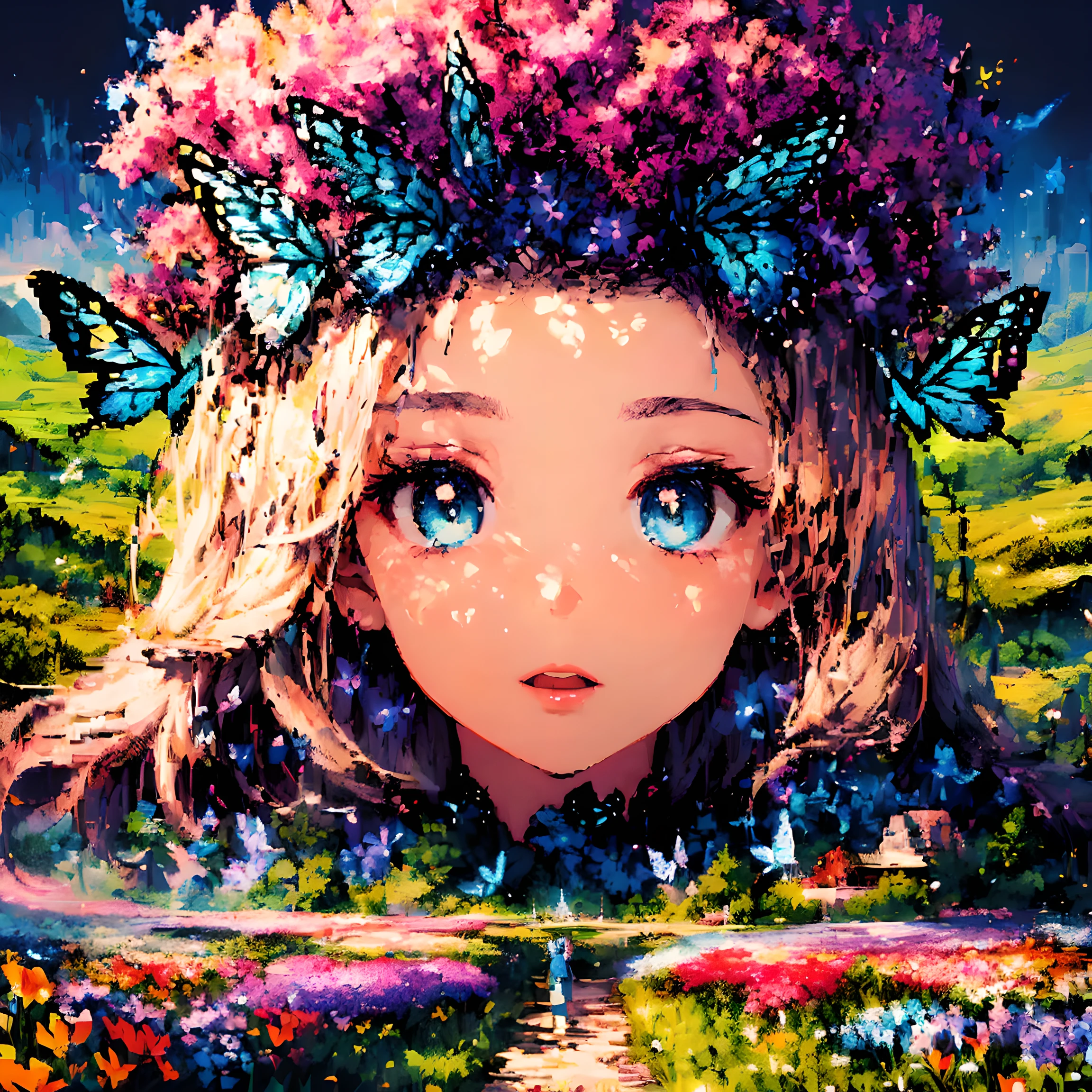 (butterfly:1.5),(landscape:1.5), (Pixel art:1.5), (pixel theme:1.5), (fantasy:1.5), (beautiful scenery:1.5),(landscapes:1.5),(colorful butterfly:1.5),(heaven:1.5),(beautiful flower field:1.5),(fantasy world:1.5),(Spiritual world:1.5),(scenic:1.5),(lots of flying blue butterfly:1.5), (fantastic illustration:1.5),(dynamic:1.3), (absurderes:1.5),(ultra_detailed:1.5),(delicate:1.5),(Detail on facial expressions:1.5),(best quality:1.5),(masterpiece:1.5),