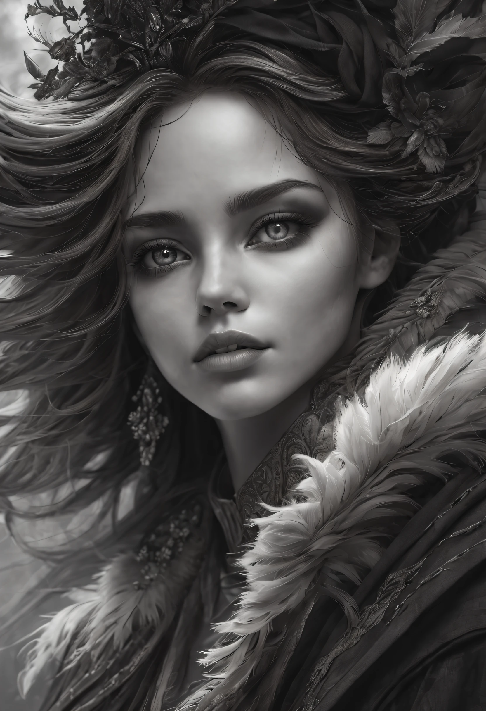 （Black and white sketch painting：1.5），(best quality,4k,8k,highres,masterpiece:1.2),ultra-detailed,realistic,imaginative and creative character sketches with unique composition perspective and lens，dreamlike,hypnotic atmosphere,beautifully detailed eyes and face, long eyelashes,elaborate backgrounds with a touch of fantasy and magic,soft lighting,stylish and fashionable outfits,artistic brushstrokes,expressive poses and gestures,vivid colors,crisp lines and contours,exquisite attention to detail,ethereal and enchanting ambiance,harmonious blending of reality and imagination,subtle hints of surrealism and abstraction,emotional depth and complexity,romantic and poetic motifs,captivating and thought-provoking narratives,fascinating and intriguing characters，artistic nuances and textures,rich and vibrant hues,meticulously crafted textures and patterns，dynamic and captivating visuals，rembrandt lighting effects，mysterious and otherworldly elements，whimsical and fantastical elements，impressive use of negative space，stunning visual impact，intricate and captivating character expressions，extraordinary and unique character designs，fine art illustrations，scenic landscapes，fantasy realms and mythical creatures，artistic flare and skillful craftsmanship，unforgettable and captivating storytelling