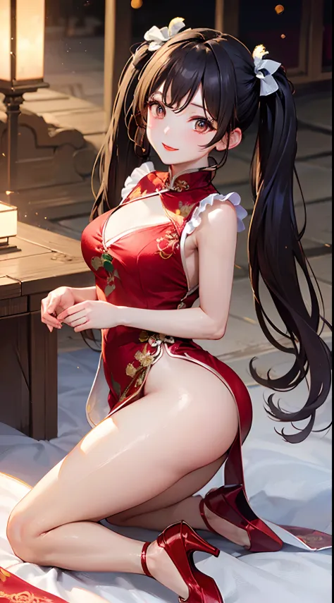 (perfect anatomy, anatomically correct, super detailed skin), 1 mature woman, solo, japanese, (detailed ultra-oily shiny skin:1.1), watching the view, (smile:1.5, happiness), 
((chinese costume metallic red wedding dress, black stockings, red lips, ), (emb...