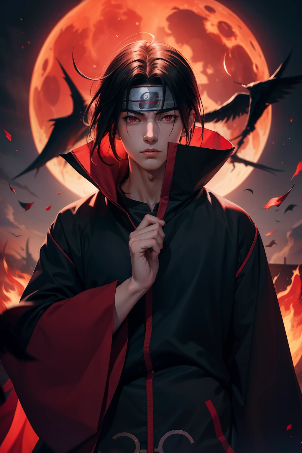 Masterpiece, high detailed, a young man covered in black cape with red cloud drawing or akatsuki robe from naruto, itachi uchiha, red eyes, upper body, shinobi, Konoha headband, red moon in the background, red theme, from naruto, long hair, covered in red flame