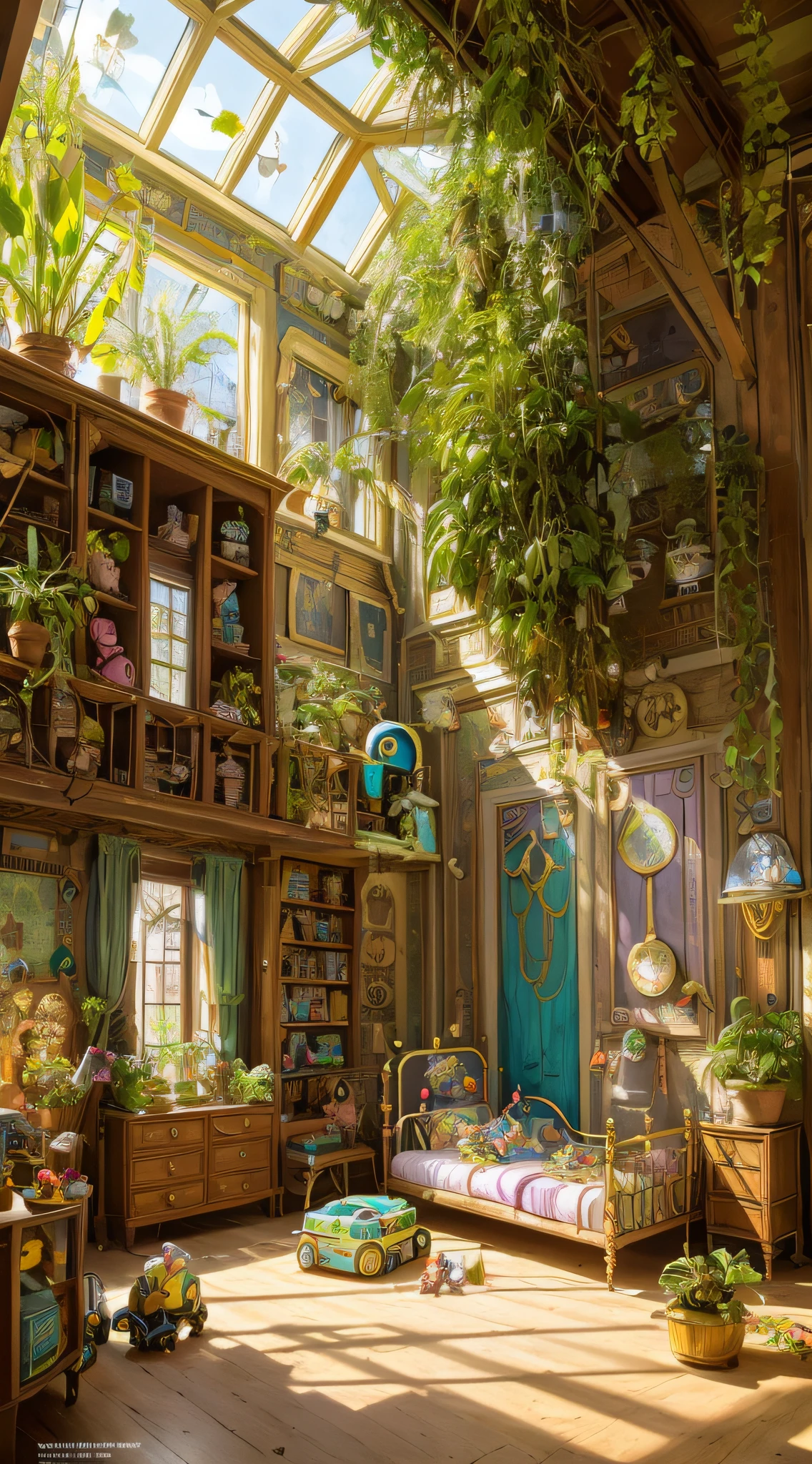 Architectural Digest Foto eines {Dampfwelle/steampunk/solarpunk} ((Kinderzimmer)) Grün, mit viel Kinderspielzeug, mit Puppen, mit großem Bett, mit Blumen und Pflanzen, goldenes Licht, hyperrealistischer Surrealismus, preisgekröntes Meisterwerk mit unglaublicher Detailtreue, atemberaubend