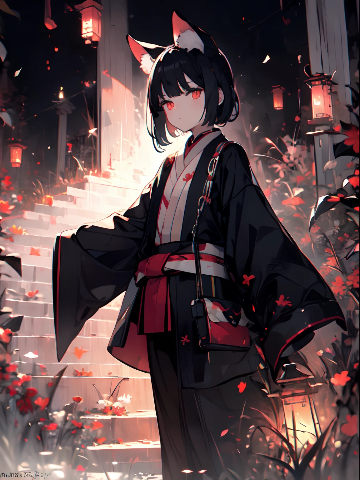 Small kitsune girl with black hair, red glowing eyes, blank expression, sleeves past fingers, backlight, mesmerizing and eerie