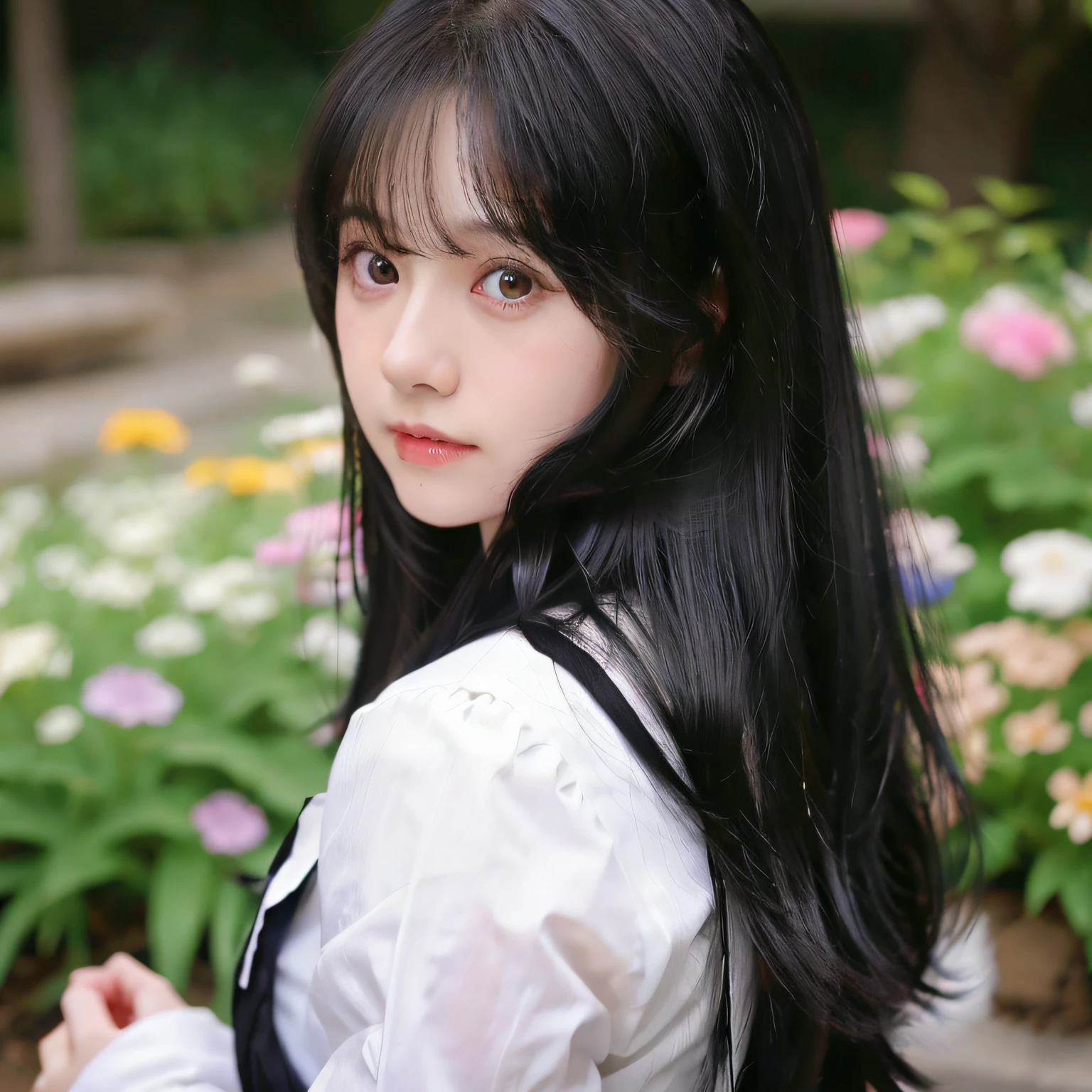 There is a young woman with long black hair wearing a white shirt - SeaArt  AI