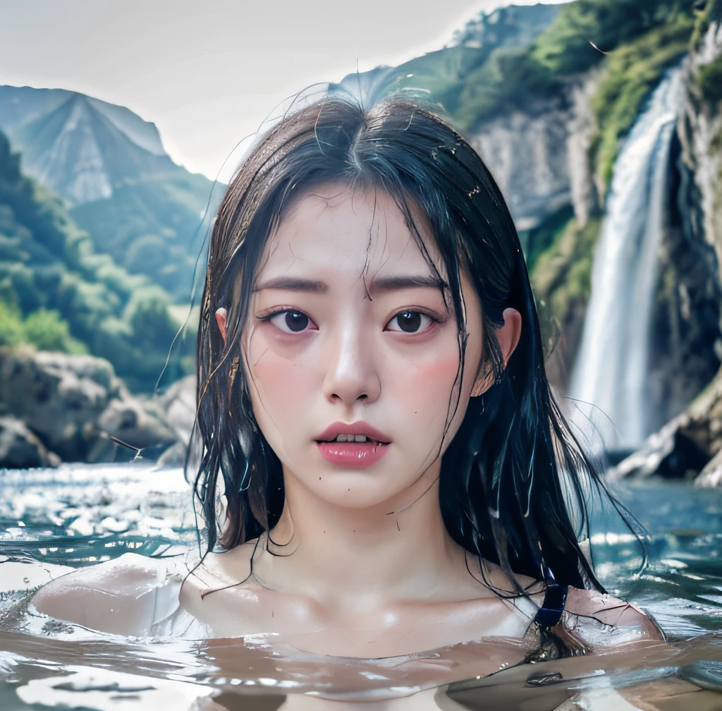 Symmetrical, High Detail RAW Color Photo Professional Close-Up Photo, [:( High Detail Face: 1.2): 0.1], (PureErosFace_V1: 0.8), Double tail, half body, pores, real skin, breast focus, straight up, an 18 year old woman under a waterfall, body in contact with water and ripples around, clear clean water, shining eyes, looking at the audience, wet clothes, transparent clothes, wet body, wet hair, Tyndall effect, lens flare, shadow,, bloom, natural lighting, hard focus, film grain, photographed with a Sony a9 II Mirrorless Camera, by Laurence Demaison