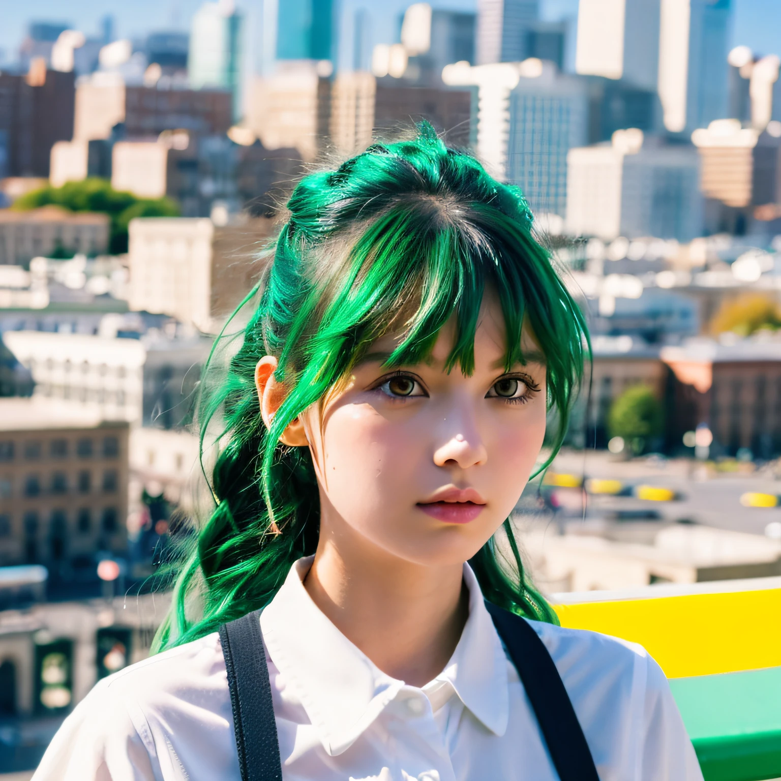 (Masterpiece), (Best Quality), (Super Detail), (disheveled Hair), (Illustration), (One Girl), (Fashionable Clothes), Standing, Fashion Model, Beholder, (Interview), (City Background), Finely Beautiful Eyes, Delicate Beautiful Face, Floating, (High Saturation), (Colorful Splash), Colorful Bubble, (Shine), Focus on the Face, Ponytail, Green Hair, Bangs, Hair Rings, Sweaty, Best Lighting, Best Shadows