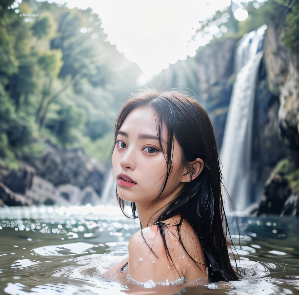 Symmetrical, High Detail RAW Color Photo Professional Close-Up Photo, [:( High Detail Face: 1.2): 0.1], (PureErosFace_V1: 0.8), Double tail, half body, pores, real skin, breast focus, straight up, an 18 year old woman under a waterfall, body in contact with water and ripples around, clear clean water, shining eyes, looking at the audience, wet clothes, transparent clothes, wet body, wet hair, Tyndall effect, lens flare, shadow,, bloom, natural lighting, hard focus, film grain, photographed with a Sony a9 II Mirrorless Camera, by Laurence Demaison