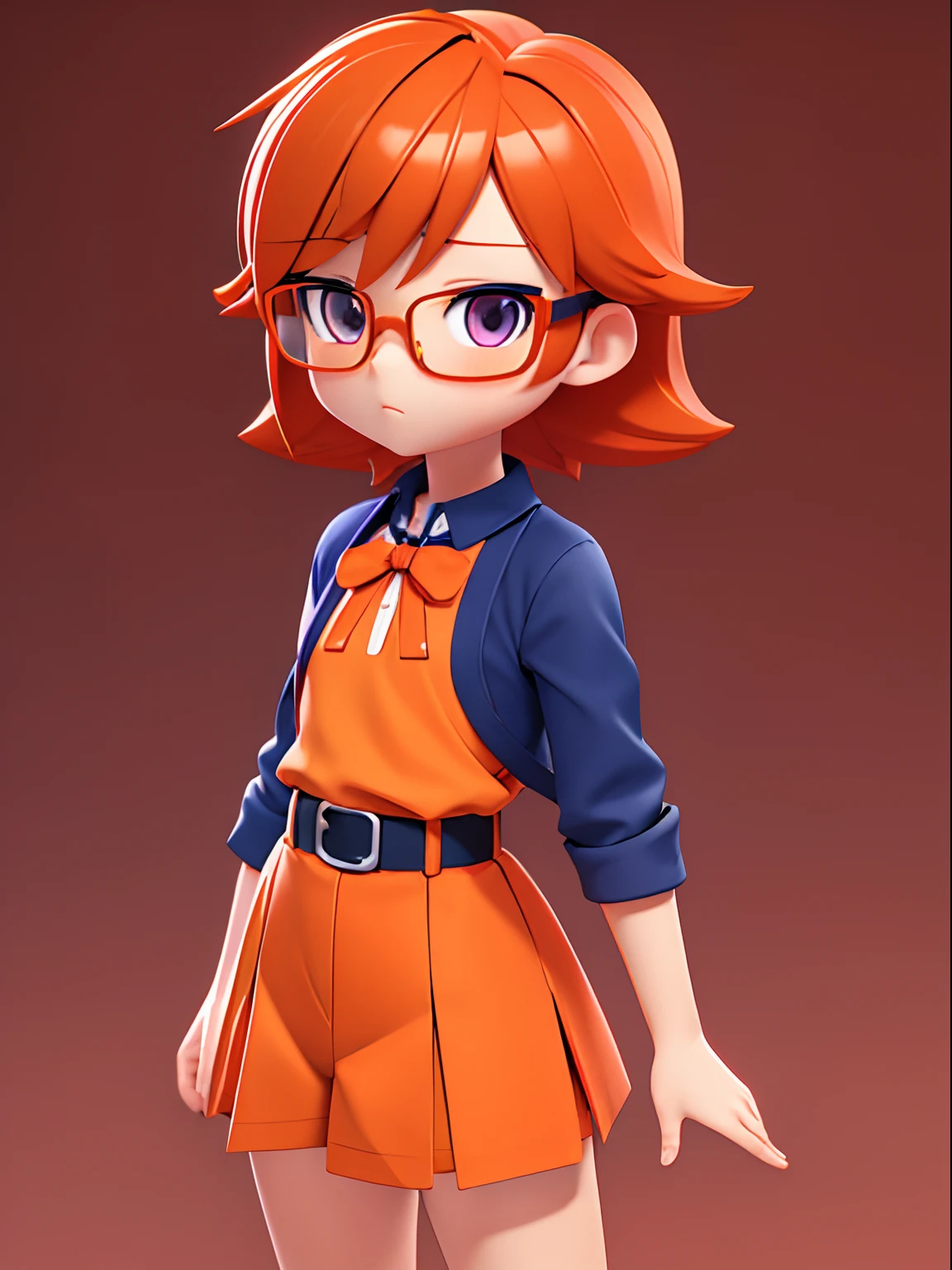 Orange background、high-level image quality、Reddish-purple eyes、 Short hairstyle、Straight short、Orange hair、Wearing glasses、Navy blue Brother uniform with orange ribbon、3D anime girl rendering、anime styled 3d、cute 3d render、 3 d render character art 8 k、From knees to upper body、Delicate drawing、