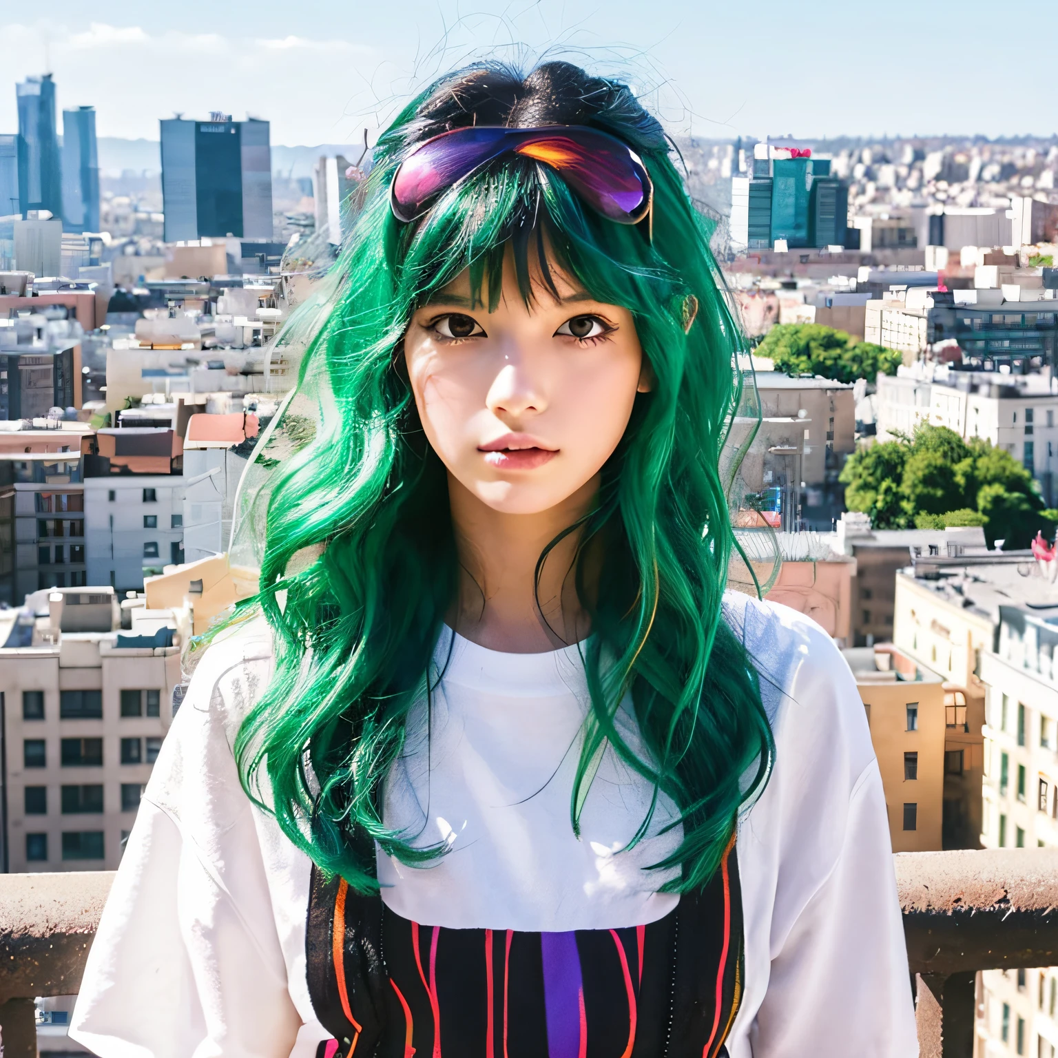 (Masterpiece), (Best Quality), (Super Detail), (disheveled Hair), (Illustration), (One Girl), (Fashionable Clothes), Standing, Fashion Model, Beholder, (Interview), (City Background), Finely Beautiful Eyes, Delicate Beautiful Face, Floating, (High Saturation), (Colorful Splash), Colorful Bubble, (Shine), Focus on the Face, Ponytail, Green Hair, Bangs, Hair Rings, Sweaty, Best Lighting, Best Shadows