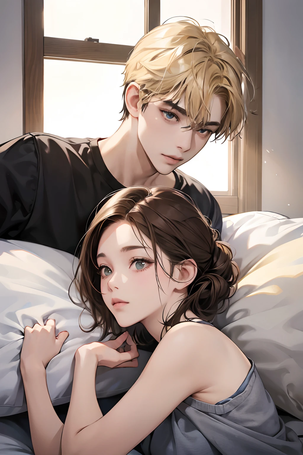 Anime couple in bed with pillows and a window - SeaArt AI