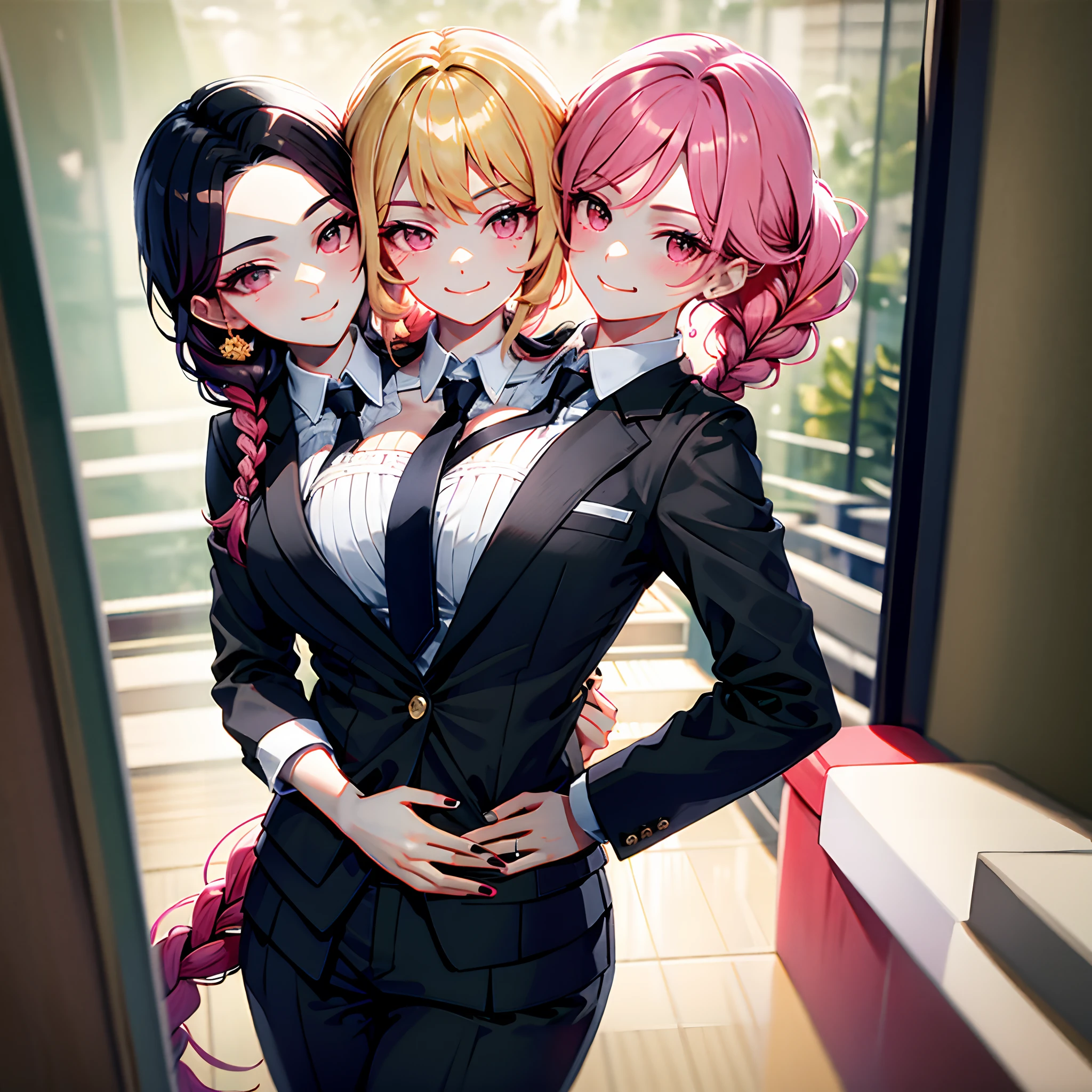 (masterpiece, best quality), best resolution, (3heads:1.5), dynamic angle, (masterpiece, best quality), best resolution, (3heads:1.5), dynamic angle, pink hair, black hair, blonde hair, black nails, smug, hand on hips, wink, braided hair, business suit, pants, tie