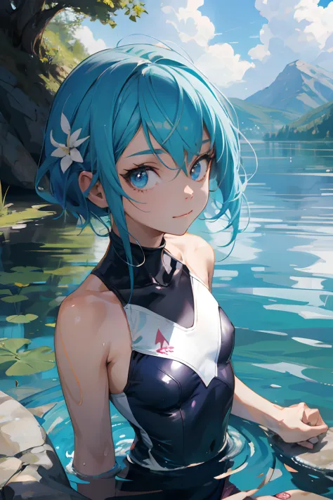 anime style, 1 girl, background lake, lake, letho, bathing suit, upper-body, looks at the viewer