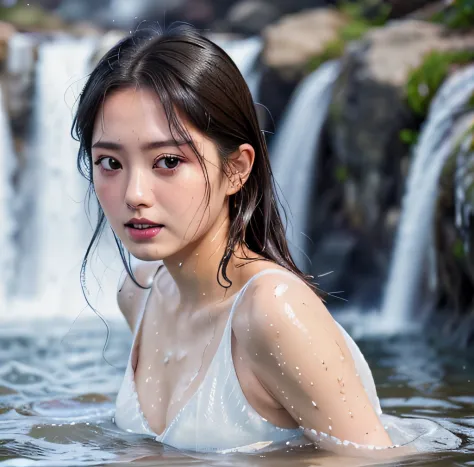 Symmetrical, High Detail RAW Color Photo Professional Close-Up Photo, [:( High Detail Face: 1.2): 0.1], (PureErosFace_V1: 0.6), Double tail, half body, pores, real skin, breast focus, straight up, an 18 year old woman under a waterfall, body in contact wit...