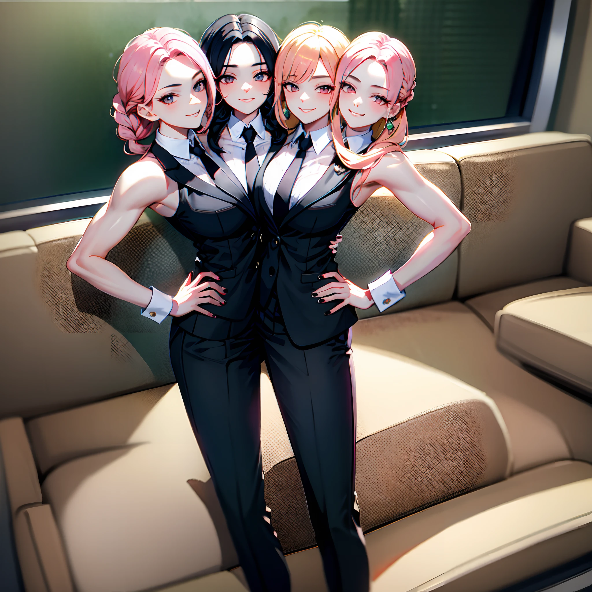(masterpiece, best quality), best resolution, (3heads:1.5), dynamic angle, (masterpiece, best quality), best resolution, (3heads:1.5), dynamic angle, pink hair, black hair, blonde hair, black nails, smug, hand on hips, wink, braided hair, business suit, pants, tie, sitting, legs crossed, masculine, manly, muscular