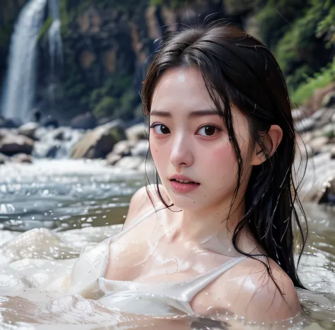 Symmetrical, High Detail RAW Color Photo Professional Close-Up Photo, [:( High Detail Face: 1.2): 0.1], (PureErosFace_V1: 0.3), Double tail, half body, pores, real skin, breast focus, straight up, an 18 year old woman under a waterfall, body in contact wit...