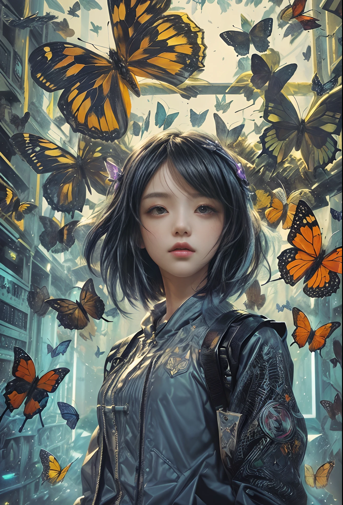 chef-d&#39;œuvre, art conceptuel, Coup moyen, centré, une fille debout devant un mur de papillons, insectarium, Art cyberpunk, par Torii Kiyomasu, fille aux cheveux noirs, style james-jean, Beaucoup d’yeux sur la tête, l&#39;anime officiel toujours, visuel animé d&#39;une jeune fille, Chiaki Nanami, pochette d&#39;album épique, atlus, Art promotionnel des années 2020, (composition épique, proportion épique), HD