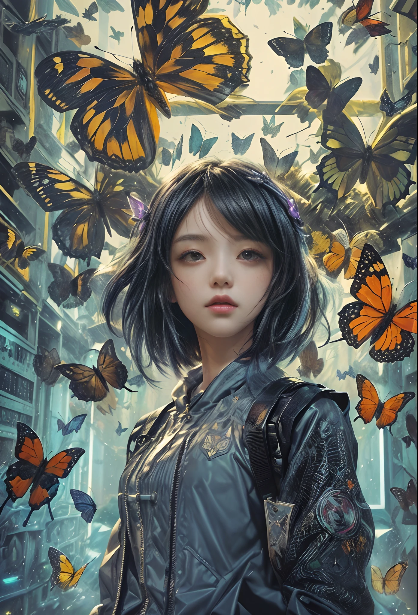 masterpiece, concept art, medium shot, centered, a girl standing in front of a wall of butterfly's, insectarium, cyberpunk art, by Torii Kiyomasu, girl with black hair, james jean style, many eyes on head, official anime still, anime visual of a young girl, chiaki nanami, epic album art cover, atlus, 2 0 2 0 s promotional art, (epic composition, epic proportion), HD