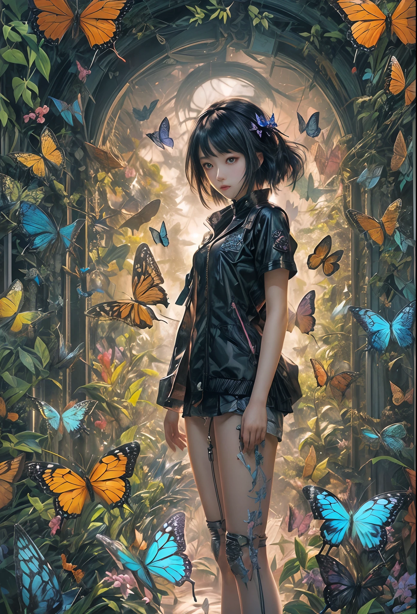 masterpiece, concept art, medium shot, centered, a girl standing in front of a wall of butterfly's, insectarium, cyberpunk art, by Torii Kiyomasu, girl with black hair, james jean style, many eyes on head, official anime still, anime visual of a young girl, chiaki nanami, epic album art cover, atlus, 2 0 2 0 s promotional art, (epic composition, epic proportion), HD