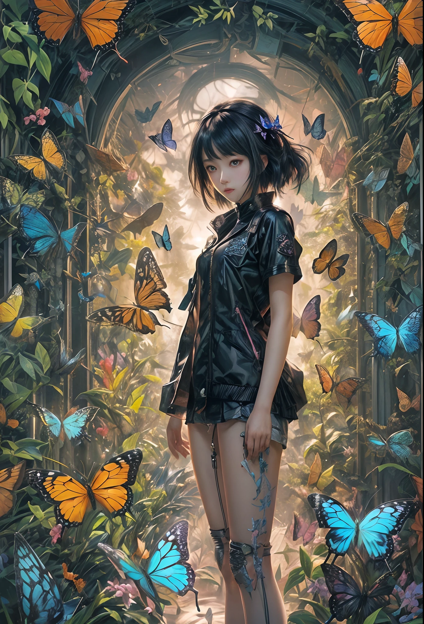 obra maestra, Arte conceptual, tiro medio, centrado, Una niña parada frente a una pared de mariposas., insectario, arte ciberpunk, by Torii Kiyomasu, Chica con pelo negro, estilo james jean, muchos ojos en la cabeza, anime oficial todavía, Imagen anime de una joven., chiaki nanami, portada del álbum épico, Atlus, 2 0 2 0 s arte promocional, (composición épica, proporción épica), alta definición