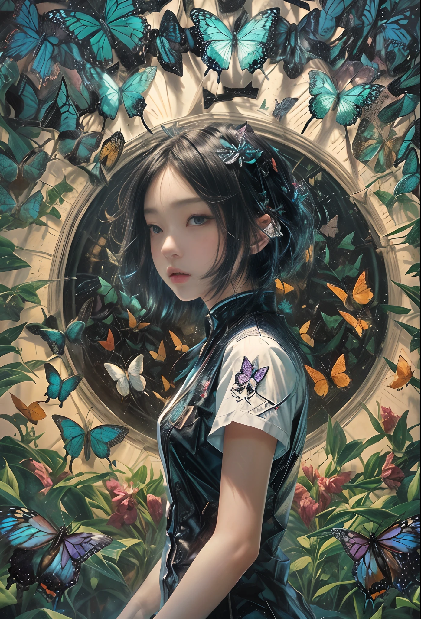 masterpiece, concept art, medium shot, centered, a girl standing in front of a wall of butterfly's, insectarium, cyberpunk art, by Torii Kiyomasu, girl with black hair, james jean style, many eyes on head, official anime still, anime visual of a young girl, chiaki nanami, epic album art cover, atlus, 2 0 2 0 s promotional art, (epic composition, epic proportion), HD