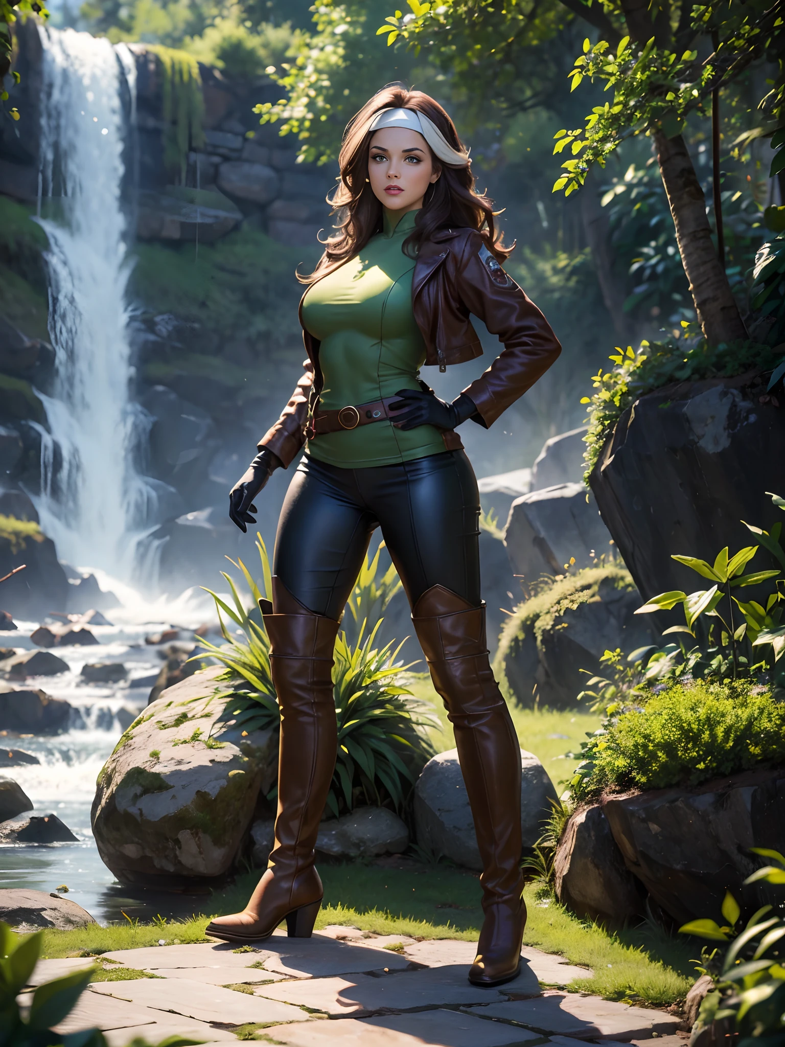 (masterpiece:1.0), (best_quality:1.2), Classic Rogue, 1991 Rogue X-Men, 1girl, Only, full body view, facing the viewer, hand on hips, legs parted, confident stance, proud stance, medium length hair, brown hair, wavy hair, messy hair, one lock of white hair, green headband, green eyes, mischievous look, parted lips, curvy figure, medium to large breasts, lipstick, makeup, brown leather jacket, gloves, loose belt, brown skin-tight miniskirt, open jacket, brown boots, gold earrings, Looking at the Viewer, sunlight, sunrays, light source from the side, (realism: 1.5), (Realistic: 1.4), (Absurdity:1.4), 8k, ultra-detailed, Detailed Beautiful Woman, (only:1.4), 1girl, background of garden, ivy, flowers, 1 waterfall, stone steps, stone pathways, stone statue, official art, extremely detailed CG unity 8k wallpaper, perfect lighting, Colorful, ultra high res, photography, 8K, HDR, Kodak portra 400, film grain, blurry background, (bokeh:1.2), (vibrant_color:1.2), professional photograph