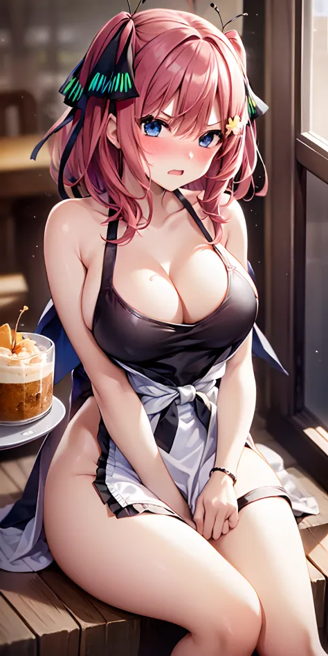 1girl, solo, nakano nino, pink hair, butterfly hair ornament, (naked:1.3), (white apron:1.1), large breasts, cleavage, thighs, cafe background, (blushing:1.3), angry