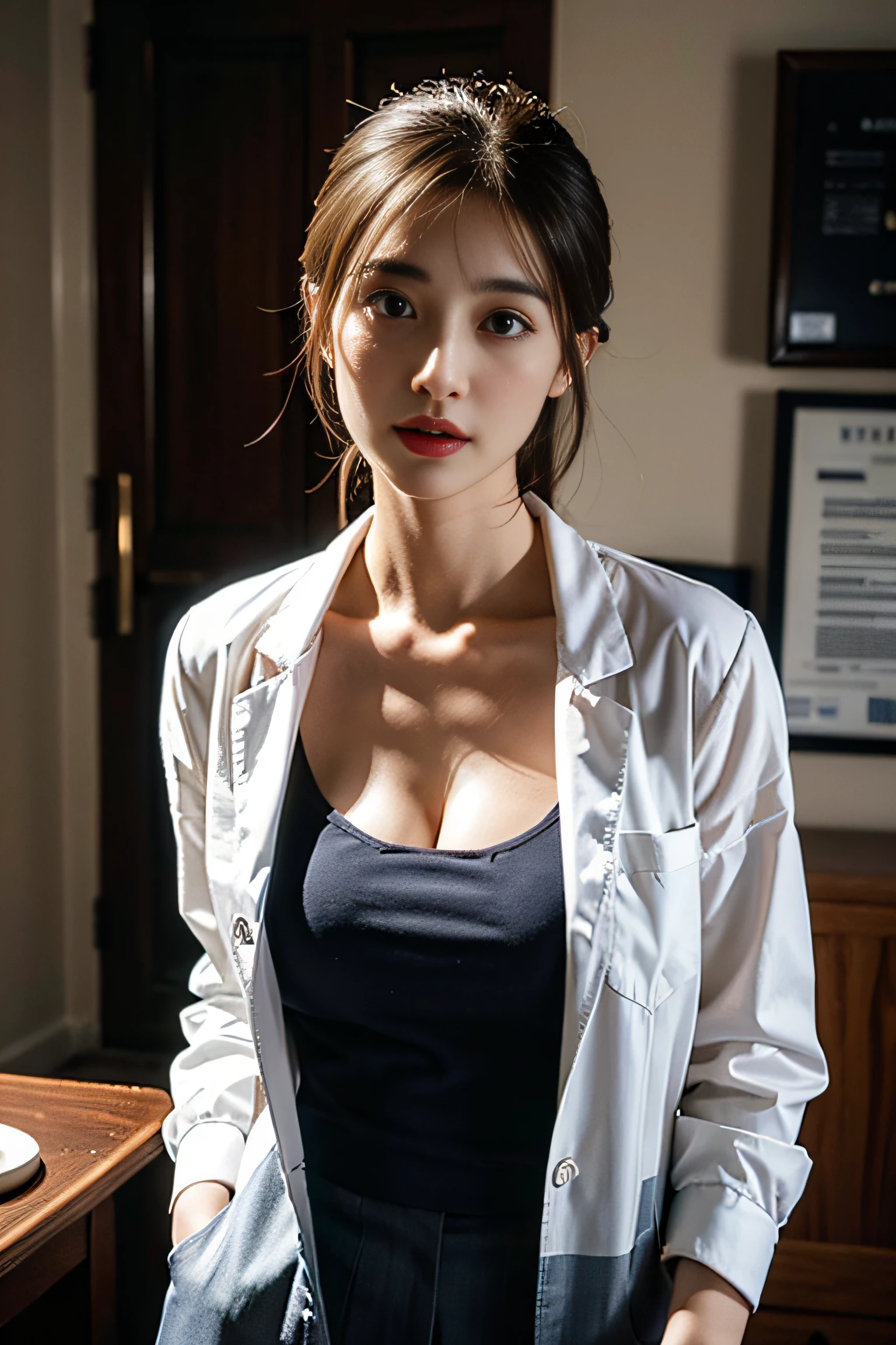 Female doctor，Wear a doctor's uniform，realisticlying，Dynamic Lights，brush-cut，Thin stature，cleavage，full shoot，（extremely detailed CG unified 8k wallpaper），high detal，tack sharp focus，Drama，eye bags，Eye lashes，Photoreality