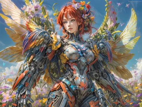 a picture of a mecha fairy resting in a rainbow colored flower meadow, full body, an exquisite beautiful (ultra detailed, Master...