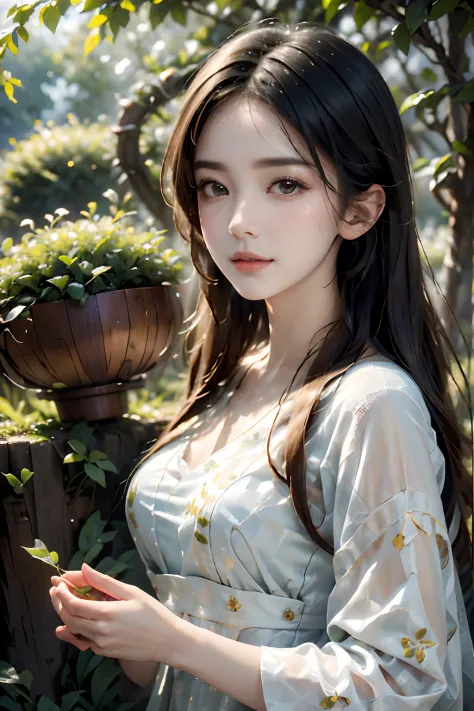 (best quality,4k,highres,masterpiece:1.2),ultra-detailed,(realistic:1.37),beautiful girl,tea picking, lovely face, half body sho...